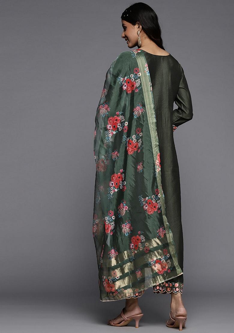 Green Embroidered Liva Palazzo Set With Dupatta