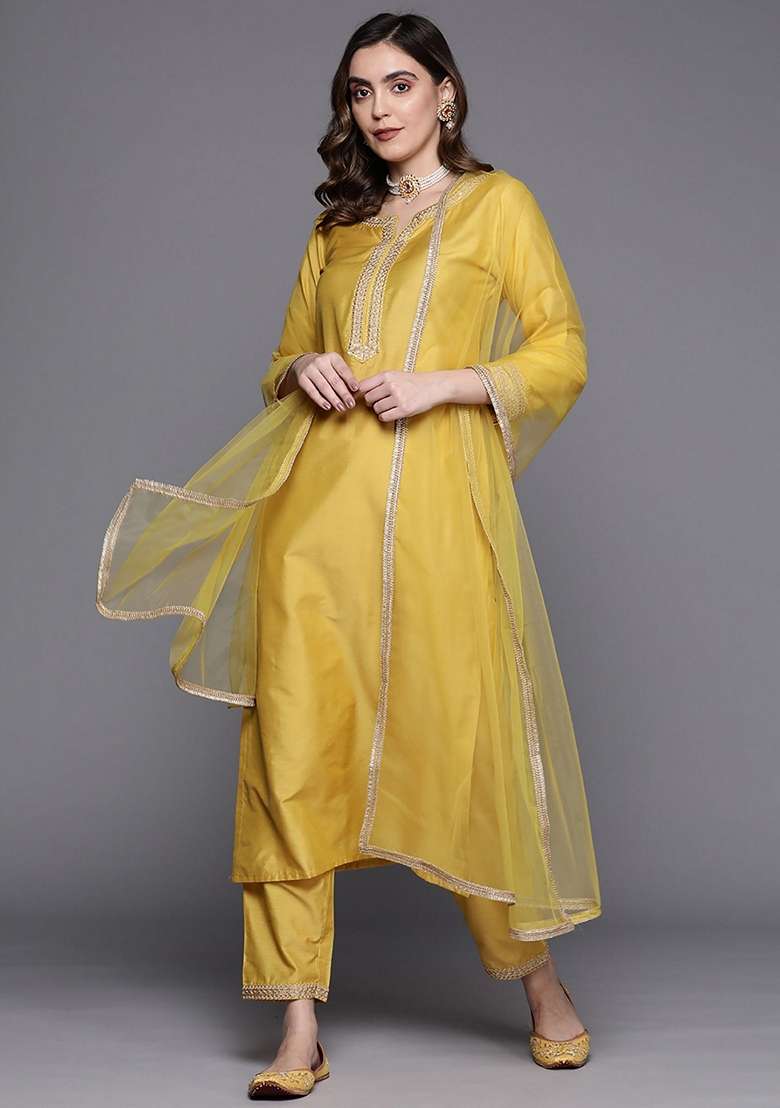 Yellow Embroidered Blended Straight Kurta Set - Indya