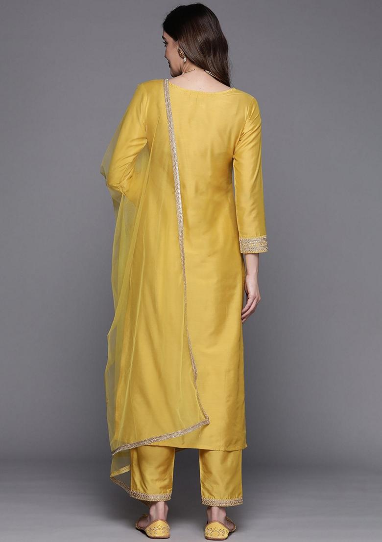 Yellow Embroidered Silk Blend Salwar Kameez With Dupatta