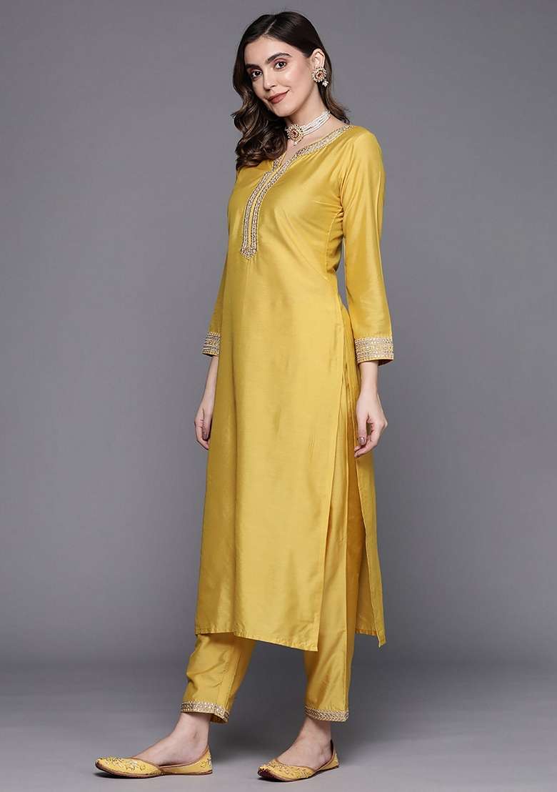 Yellow Embroidered Blended Straight Kurta Set - Indya