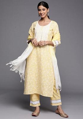 Yellow Embroidered Cotton Blend Salwar Kameez With Dupatta