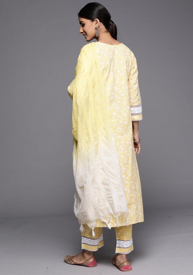 Yellow Embroidered Cotton Blend Salwar Kameez With Dupatta