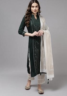 Green Embroidered Rayon Salwar Kameez With Dupatta