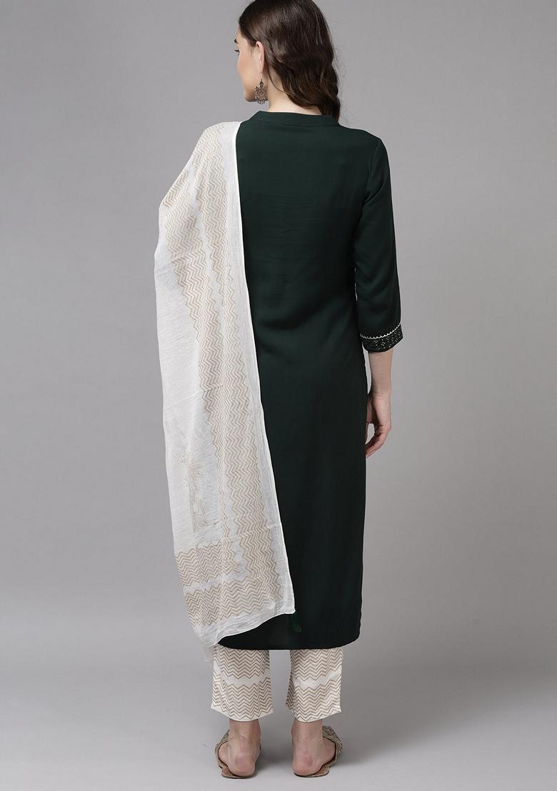 Green Embroidered Rayon Salwar Kameez With Dupatta