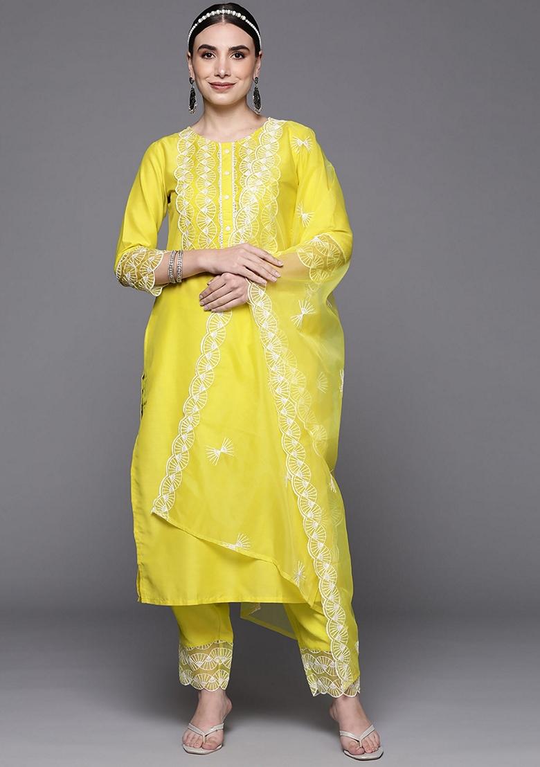 Lime Green Embroidered Silk Blend Salwar Kameez With Dupatta