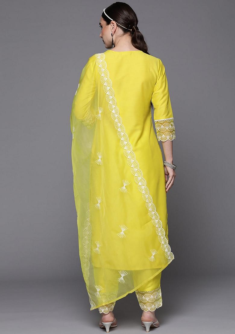 Lime Green Embroidered Silk Blend Salwar Kameez With Dupatta