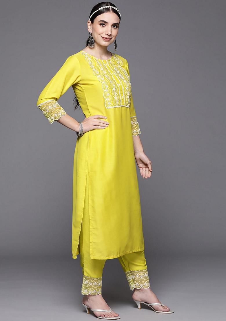 Lime Green Embroidered Silk Blend Salwar Kameez With Dupatta