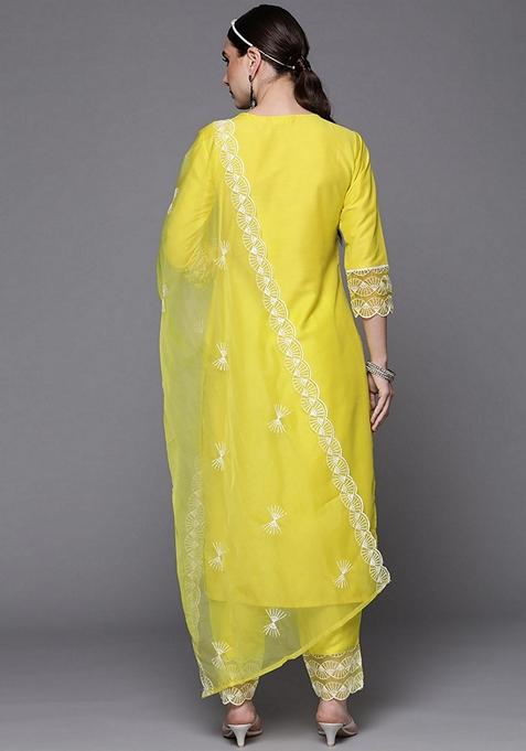 Lime Green Embroidered Silk Blend Salwar Kameez With Dupatta