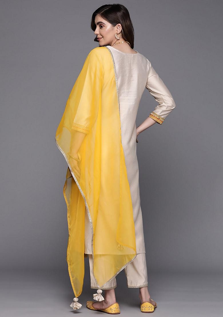 Beige Embroidered Liva Salwar Kameez With Dupatta