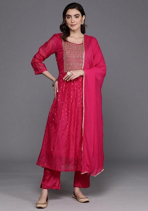 Pink Embroidered Chanderi Salwar Kameez With Dupatta