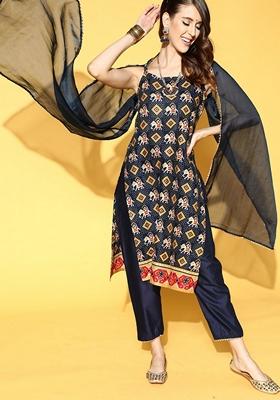 Navy Blue Printed Cotton Blend Salwar Kameez With Dupatta