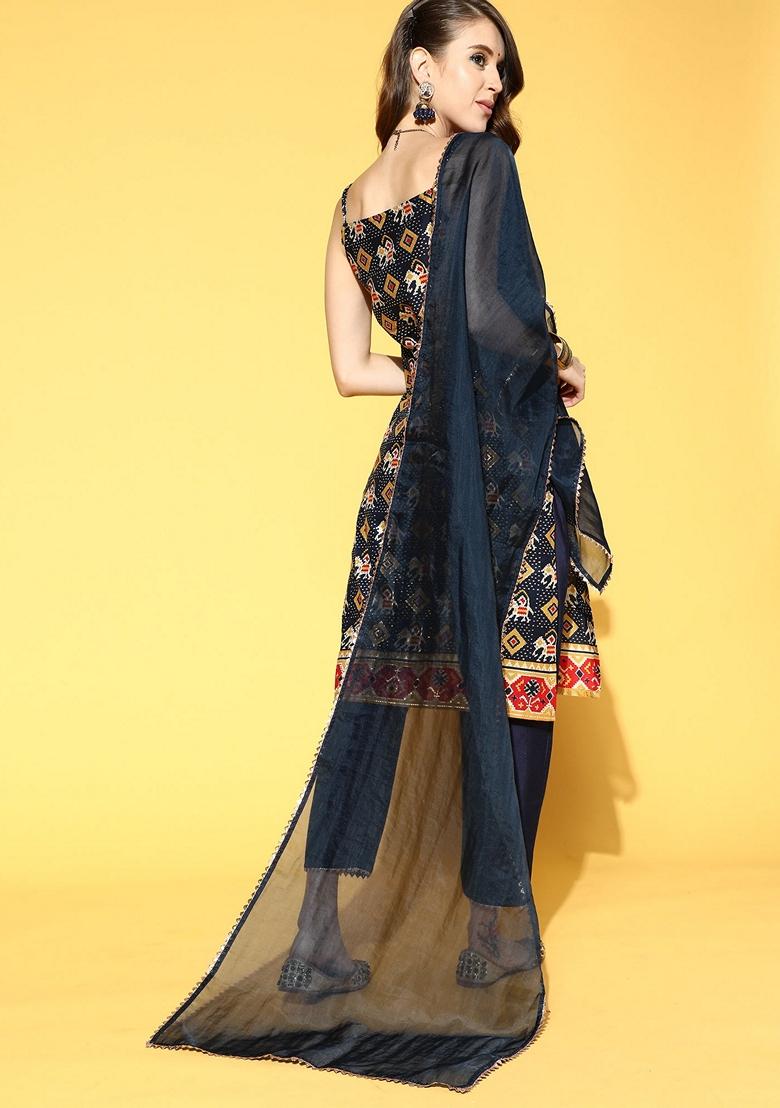Navy Blue Printed Cotton Blend Salwar Kameez With Dupatta