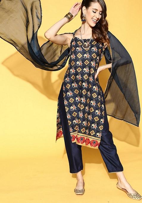 Navy Blue Printed Cotton Blend Salwar Kameez With Dupatta