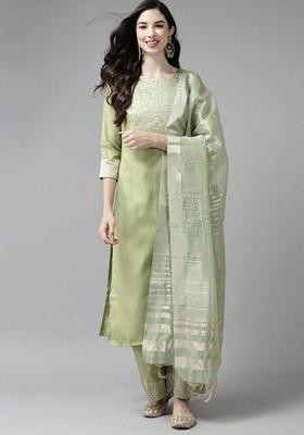 Green Solid Cotton Blend Palazzo Set With Dupatta