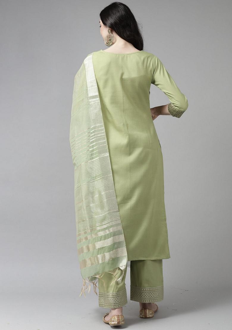 Green Solid Cotton Blend Palazzo Set With Dupatta