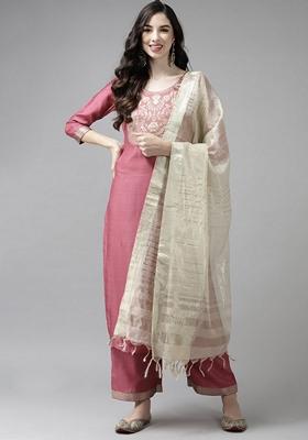 Pink Solid Cotton Blend Palazzo Set With Dupatta