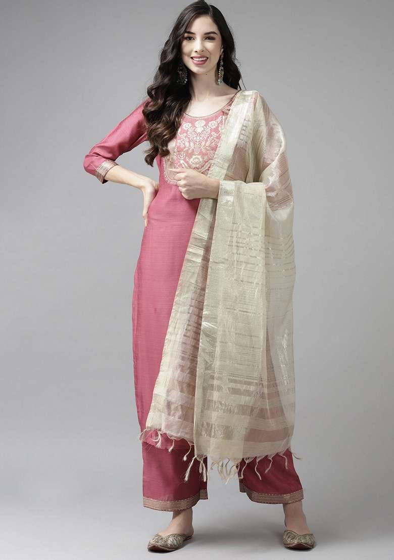 Pink Solid Cotton Blend Palazzo Set With Dupatta - Indya