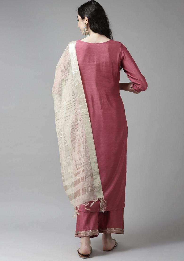 Pink Solid Cotton Blend Palazzo Set With Dupatta