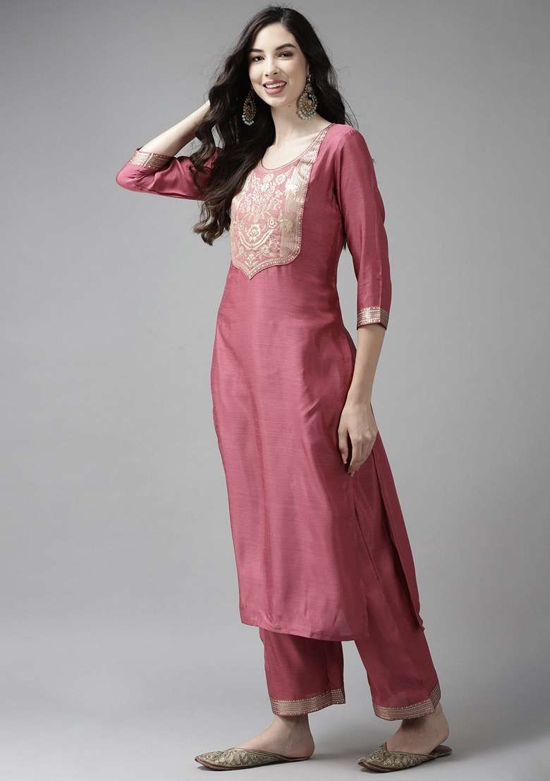 Pink Solid Cotton Blend Palazzo Set With Dupatta - Indya
