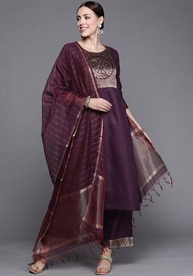Purple Solid Cotton Blend Palazzo Set With Dupatta