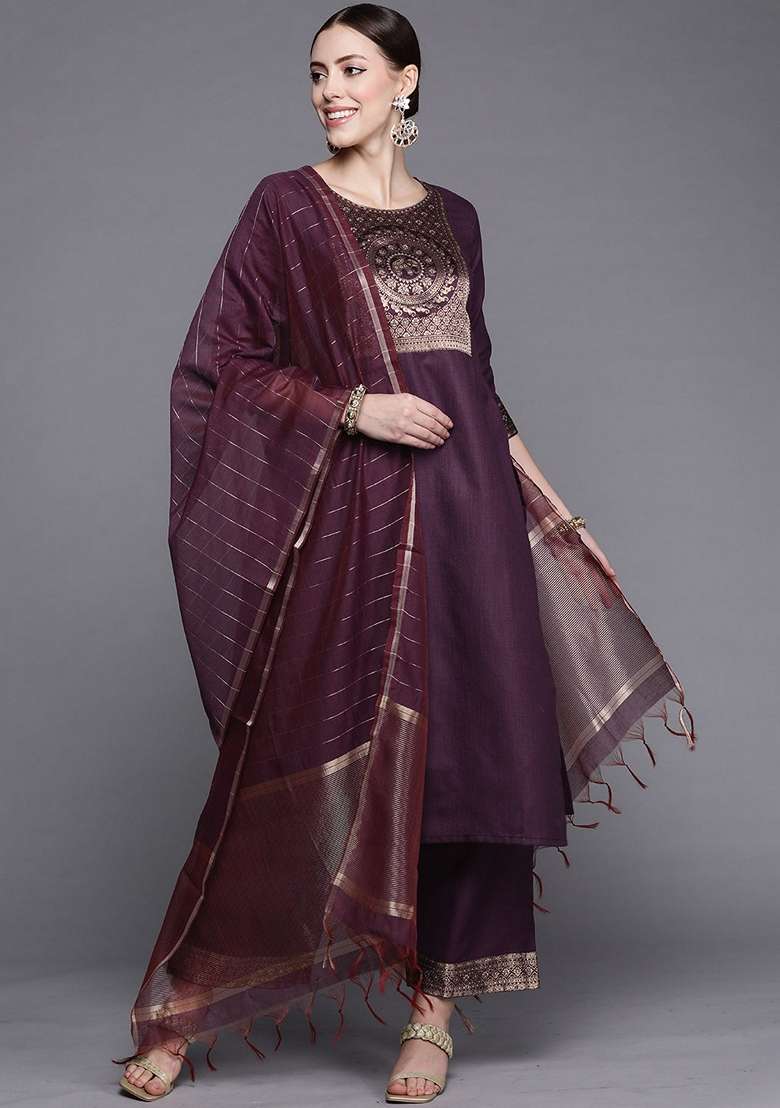 Purple Solid Cotton Blend Palazzo Set With Dupatta - Indya