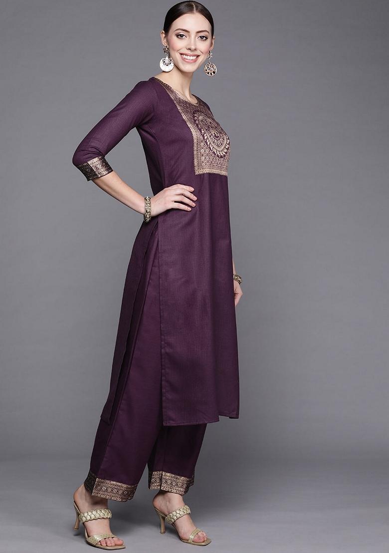 Purple Solid Cotton Blend Palazzo Set With Dupatta