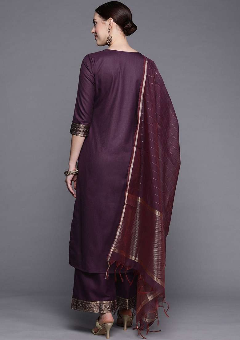 Purple Solid Cotton Blend Palazzo Set With Dupatta - Indya