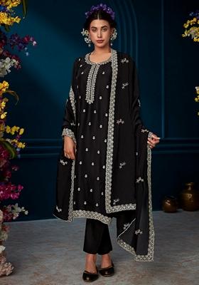 Black Embroidered Silk Blend Salwar Kameez With Dupatta