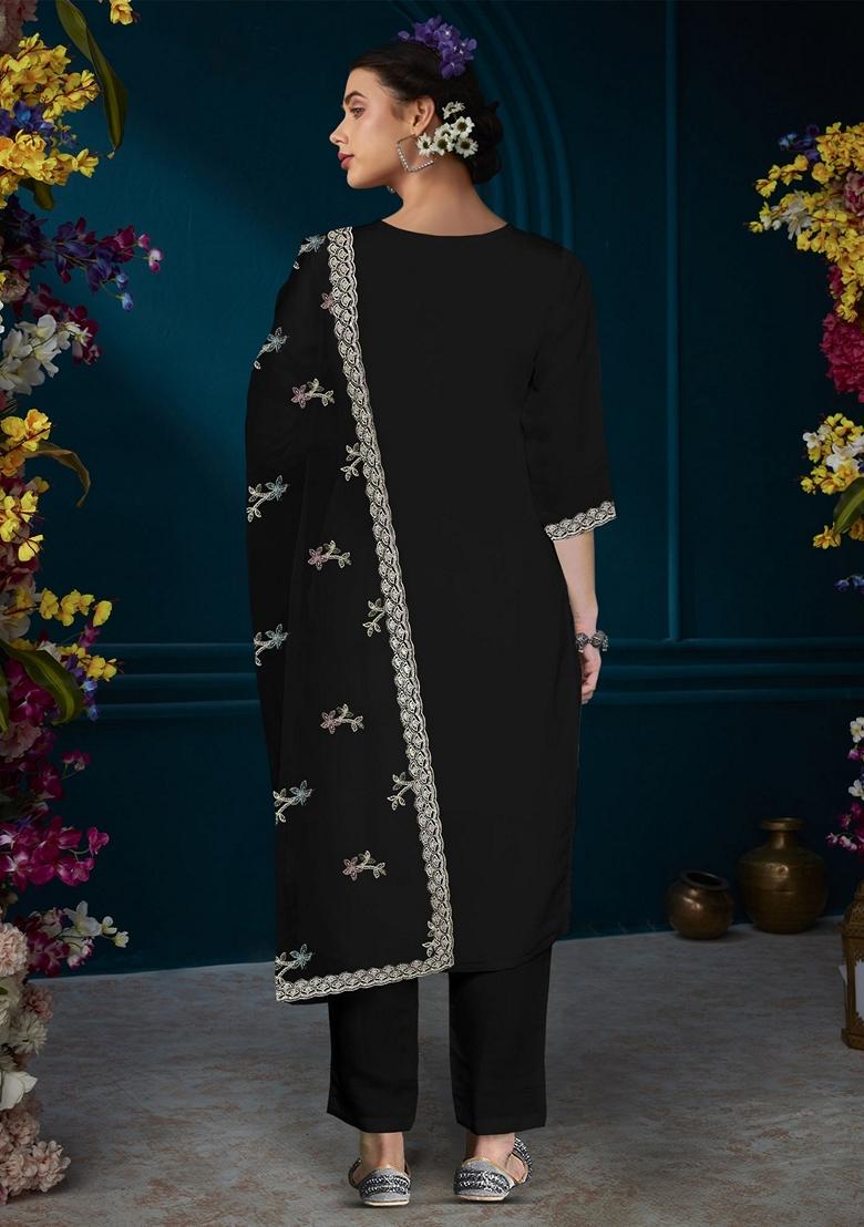 Black Embroidered Silk Blend Salwar Kameez With Dupatta