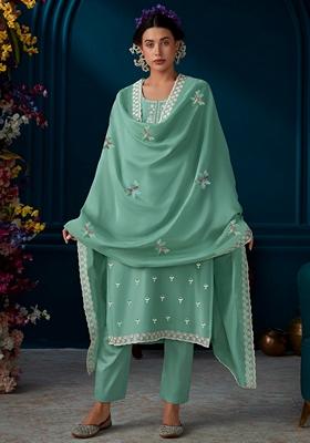 Green Embroidered Silk Blend Salwar Kameez With Dupatta