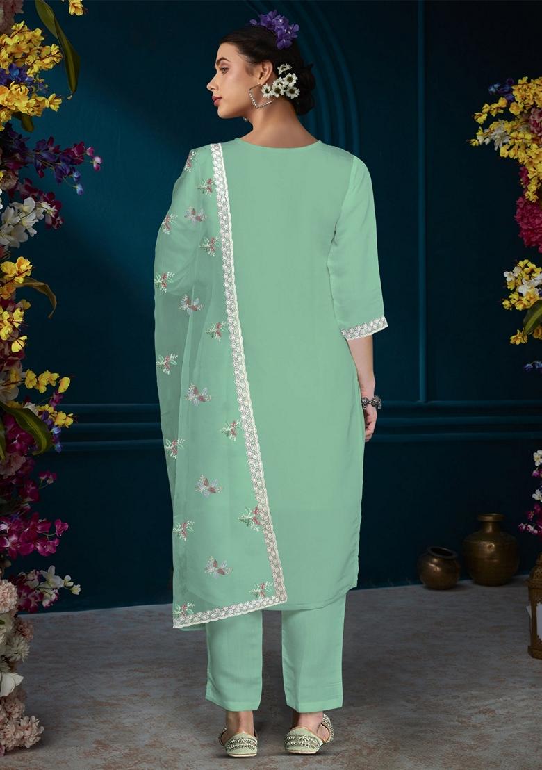 Green Embroidered Silk Blend Salwar Kameez With Dupatta