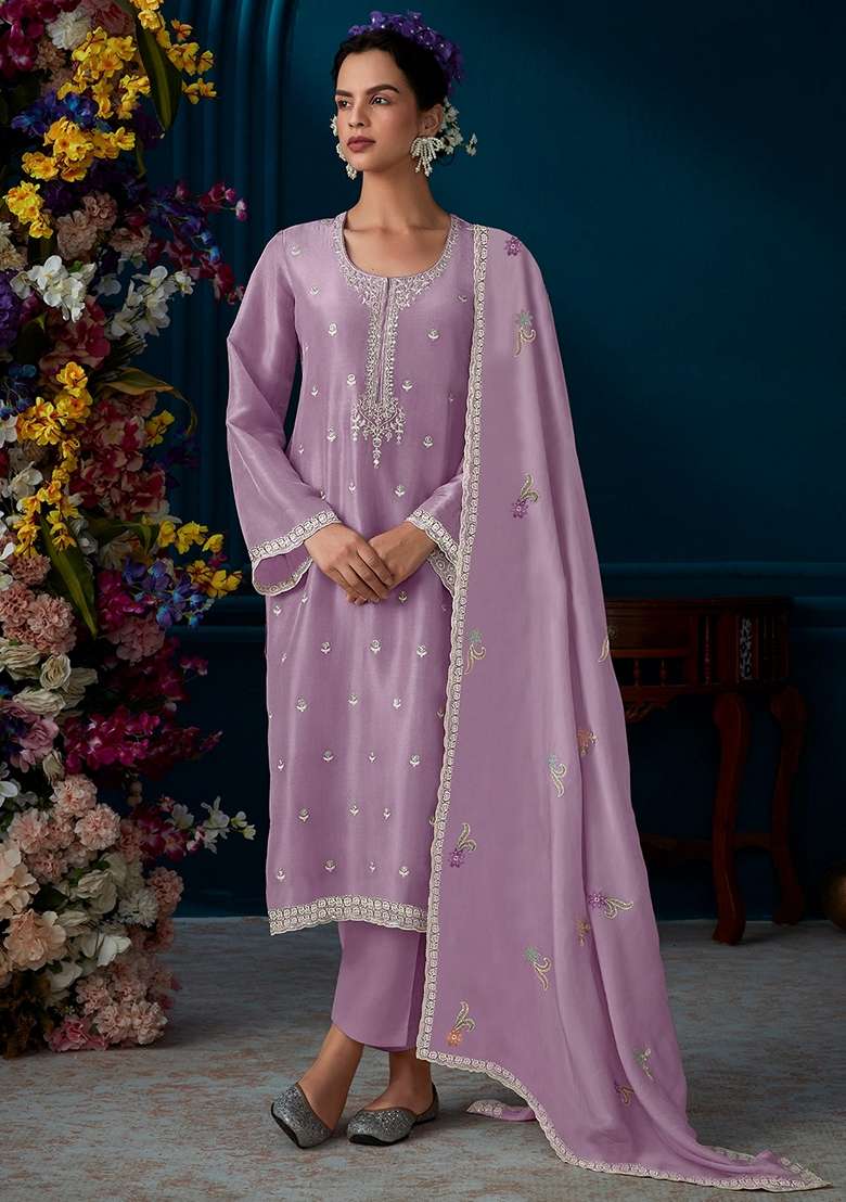 Lavender Embroidered Blended Straight Kurta Set - Indya