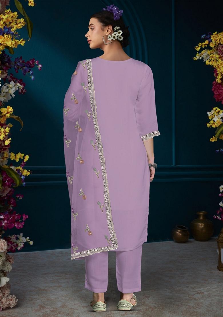 Lavender Embroidered Silk Blend Salwar Kameez With Dupatta