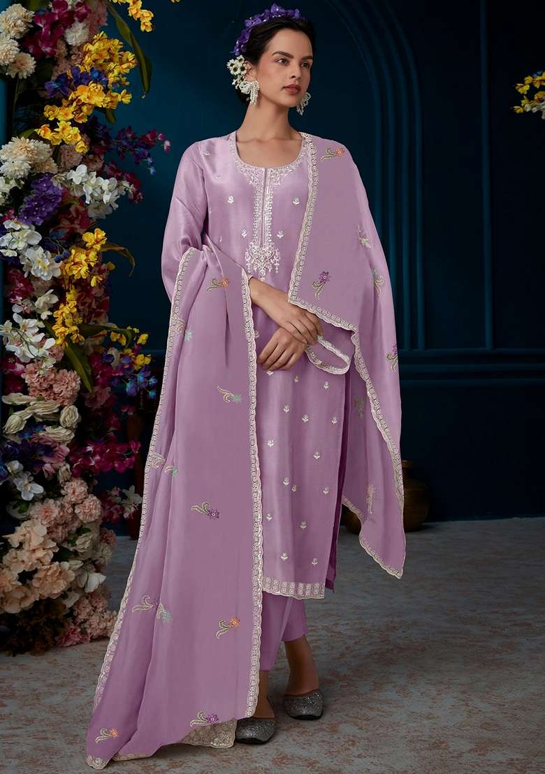 Lavender Embroidered Blended Straight Kurta Set - Indya