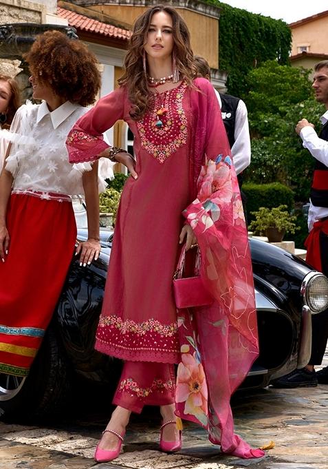 Pink Embroidered Silk Blend Salwar Kameez With Dupatta