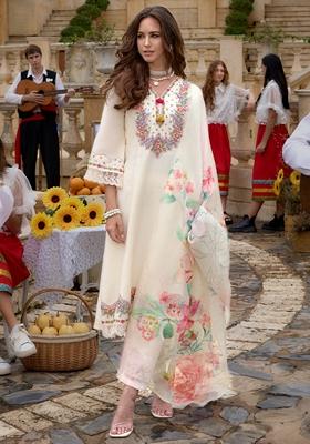 Off White Embroidered Silk Blend Salwar Kameez With Dupatta