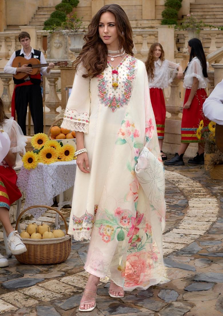 Off White Embroidered Silk Blend Salwar Kameez With Dupatta