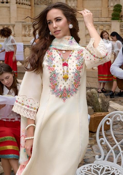 Off White Embroidered Silk Blend Salwar Kameez With Dupatta