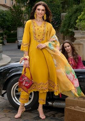 Mustard Yellow Embroidered Silk Blend Salwar Kameez With Dupatta