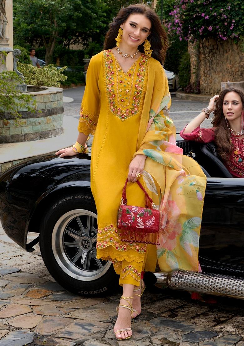 Mustard Yellow Embroidered Silk Blend Salwar Kameez With Dupatta