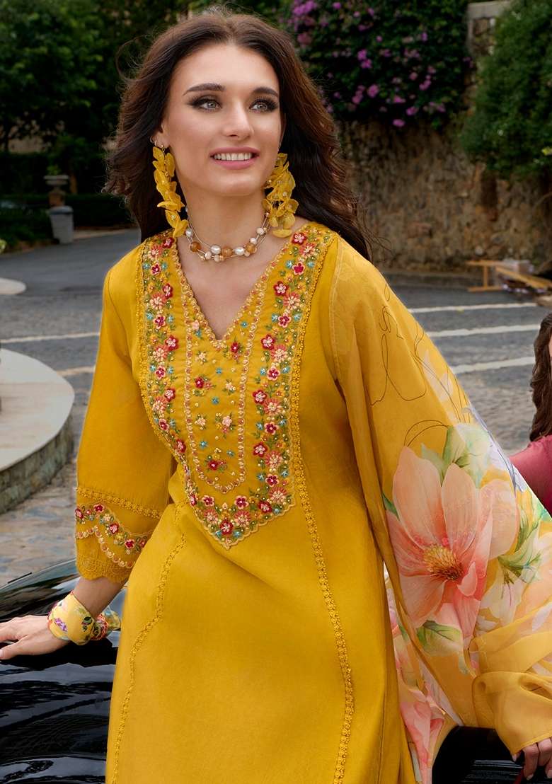 Mustard Yellow Embroidered Silk Pakistani Suit Set - Indya