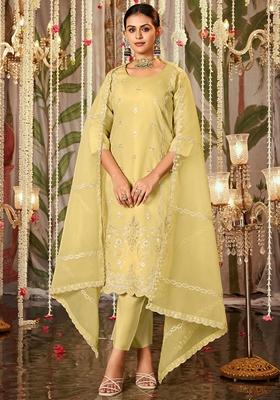 Yellow Embroidered Silk Blend Salwar Kameez With Dupatta