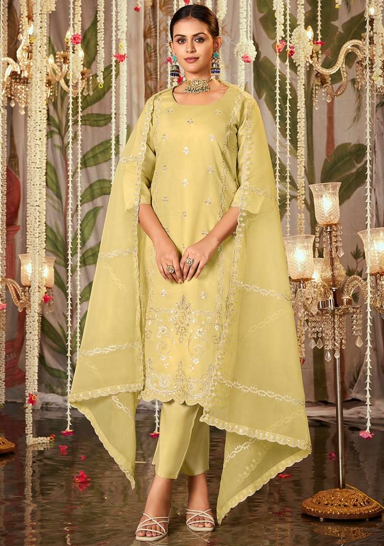 Yellow Embroidered Blended Straight Kurta Set - Indya