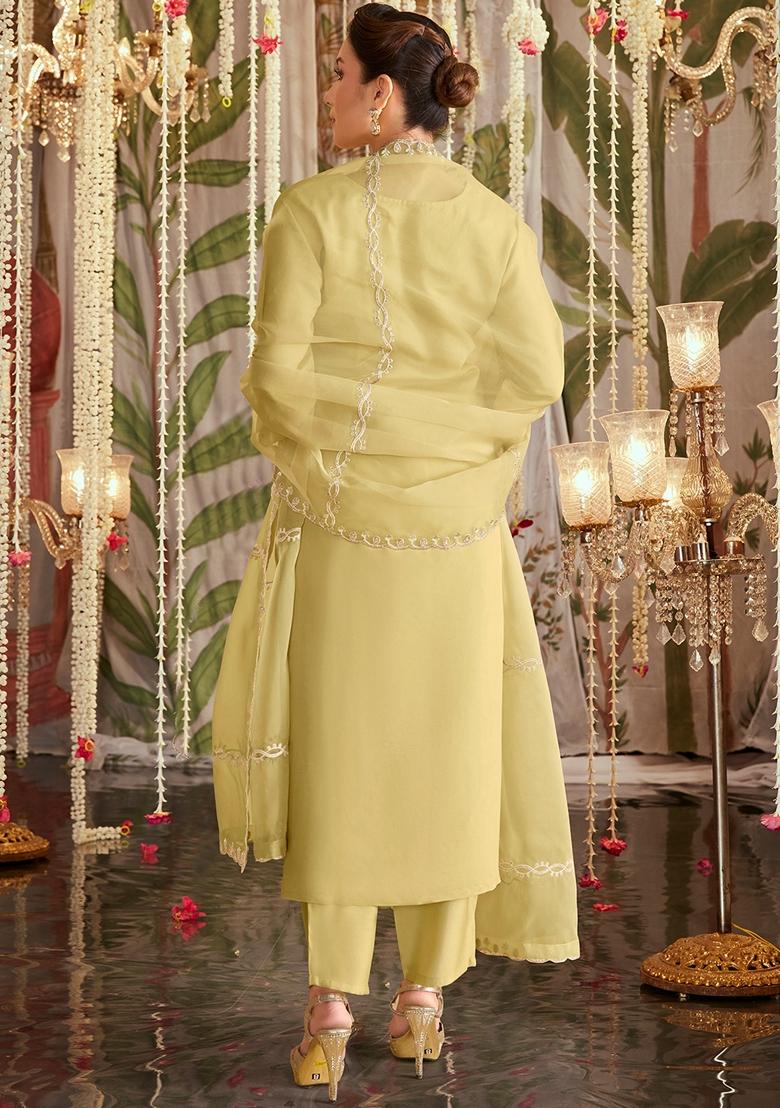 Yellow Embroidered Silk Blend Salwar Kameez With Dupatta