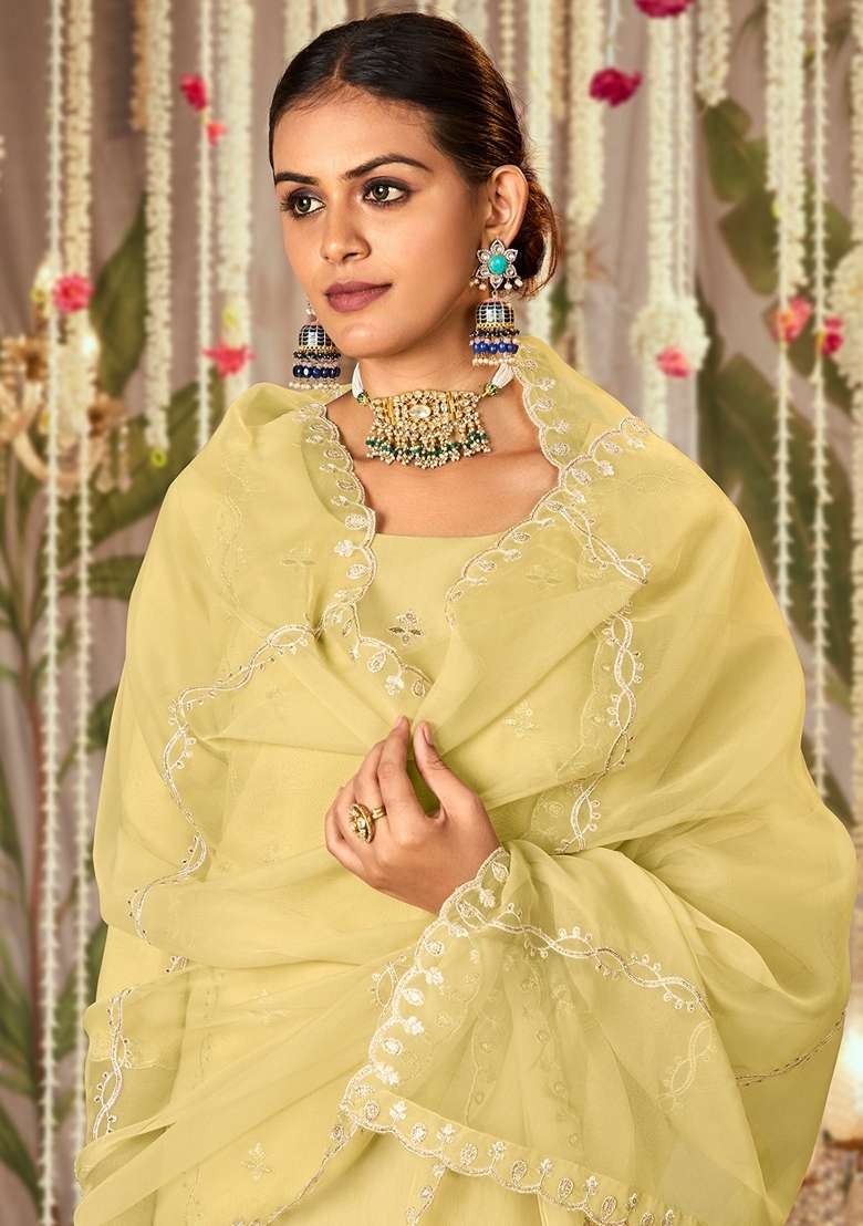 Yellow Embroidered Blended Straight Kurta Set - Indya