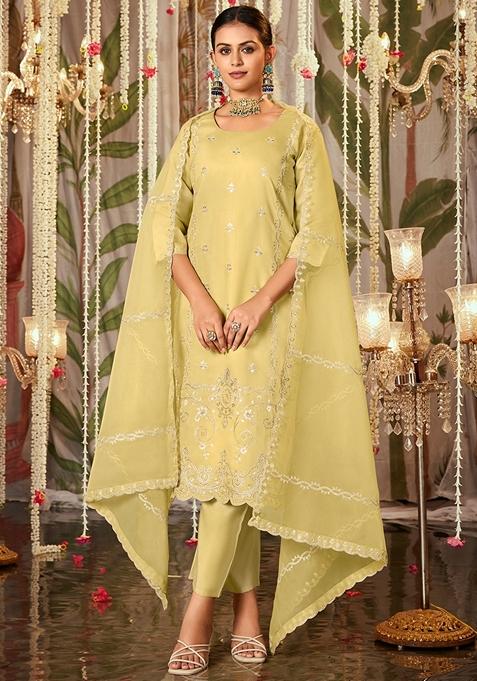 Yellow Embroidered Silk Blend Salwar Kameez With Dupatta
