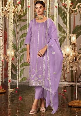 Lavender Embroidered Silk Blend Salwar Kameez With Dupatta
