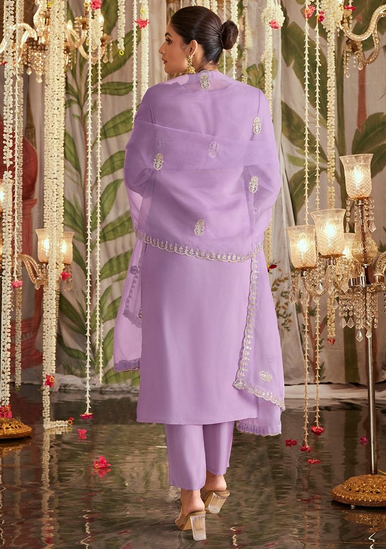 Lavender Embroidered Silk Blend Salwar Kameez With Dupatta