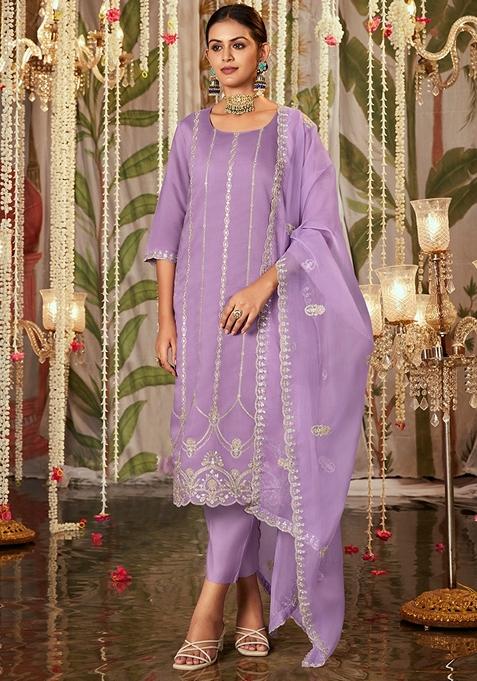 Lavender Embroidered Silk Blend Salwar Kameez With Dupatta