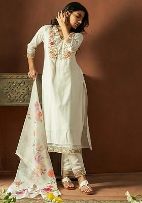 White Embroidered Silk Blend Salwar Kameez With Dupatta